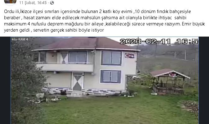 EVİNİ VE FINDIK BAHÇESİ İÇİN ÇAĞRIDA BULUNDU